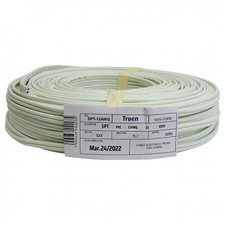 Cable eléctrico Nro. 12 AWG X2 100m Blanco Troen
